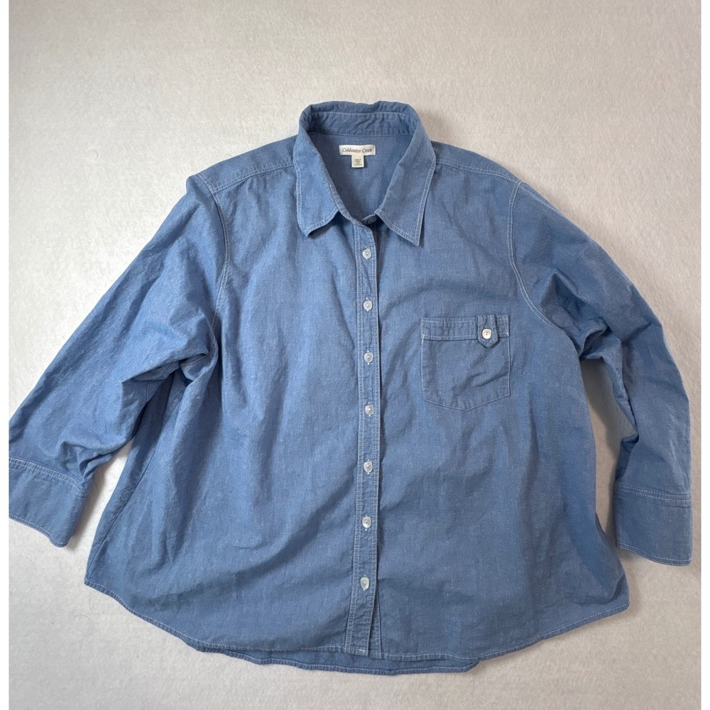 Coldwater Creek Womens 3X Blue Button‎ Down Shirt 100% Cotton Long Sleeve
